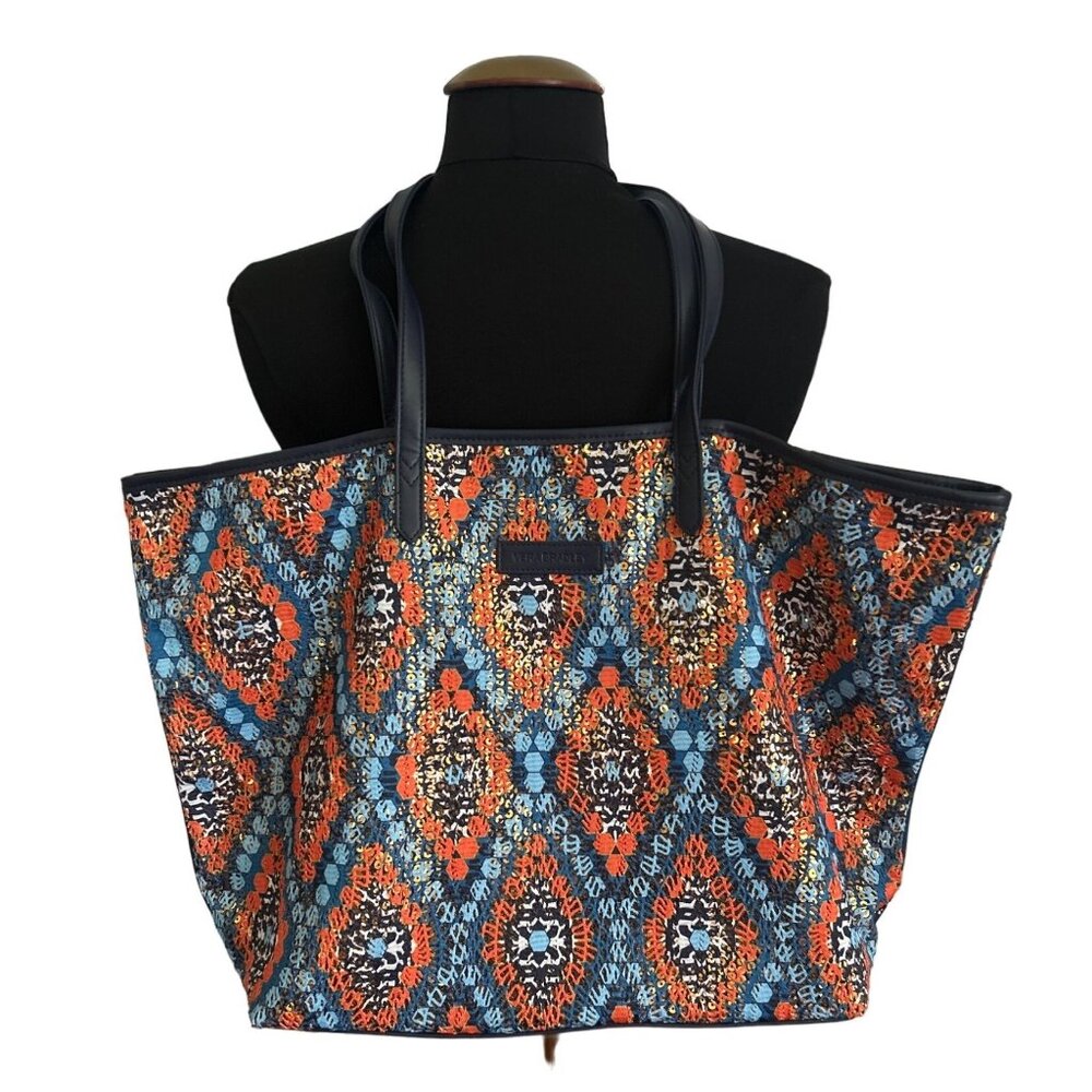 Vera Bradley Large Tote Bag Vibrant Geometric Pattern Blue & Orange Sequins